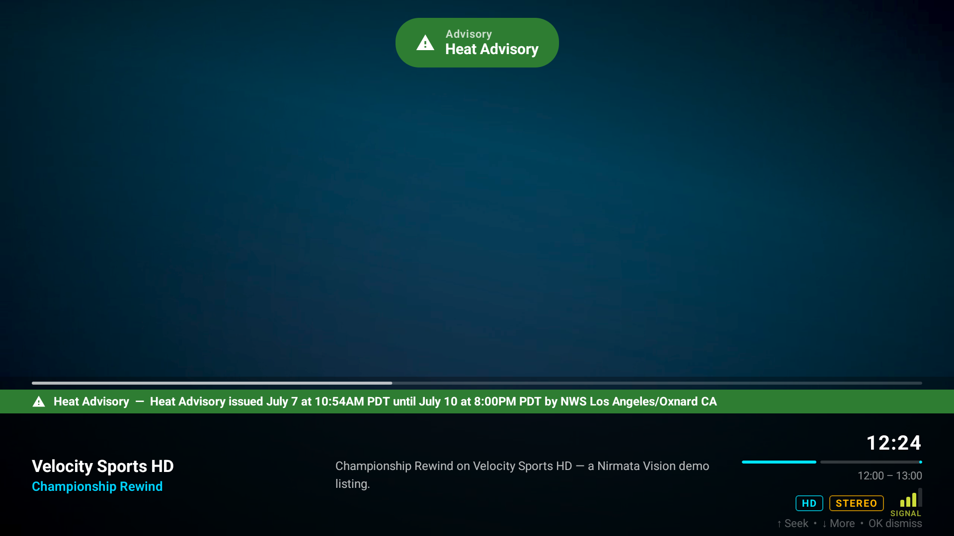 NV Media Player full-screen playback view with a clean info bar showing channel, program, progress and quality