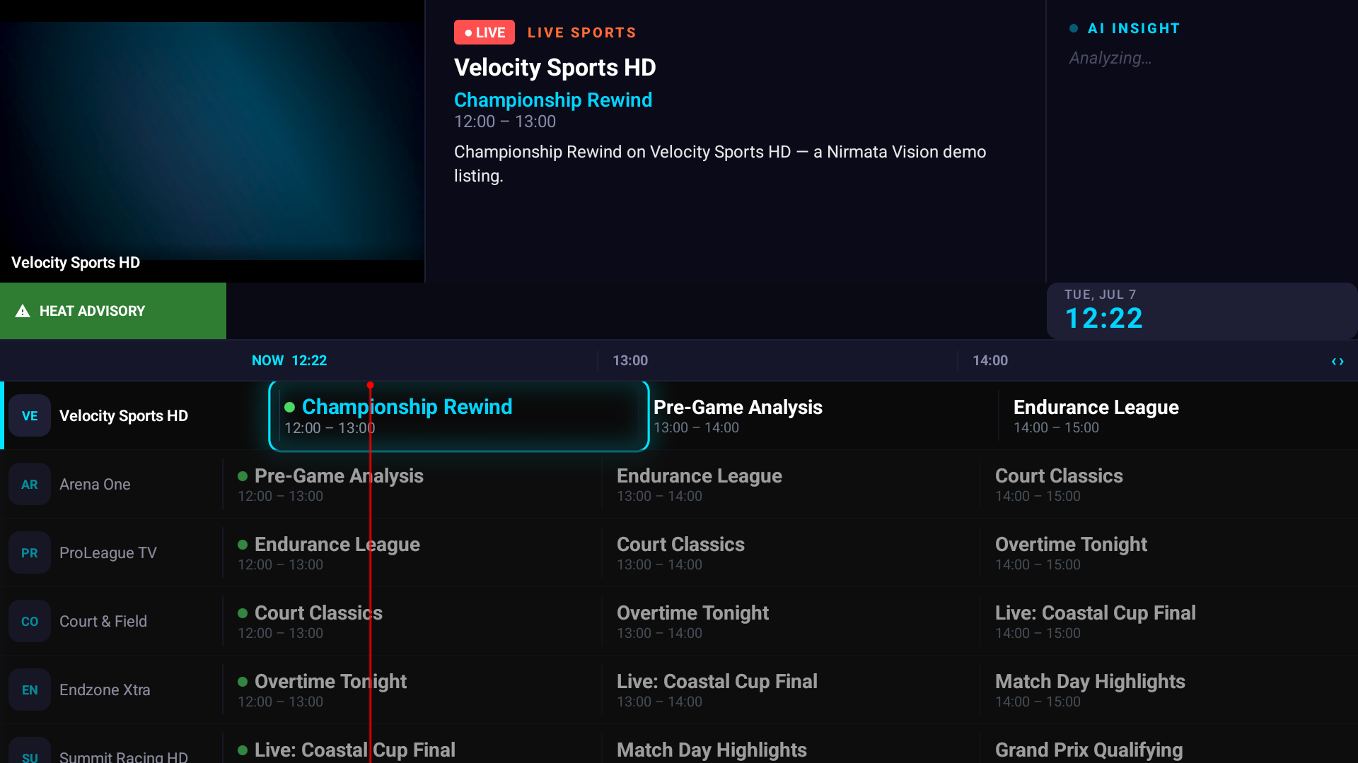 NV Media Player live TV guide on Android TV — full EPG with channel logos, now-playing highlight and time bar