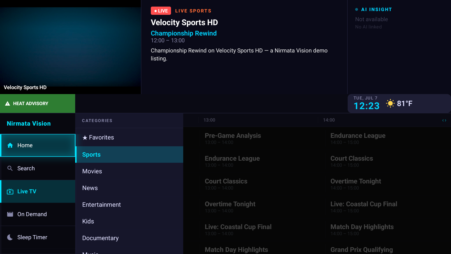 NV Media Player main navigation sidebar with Home, Search, Live TV, On Demand and Sleep Timer, plus a Categories column